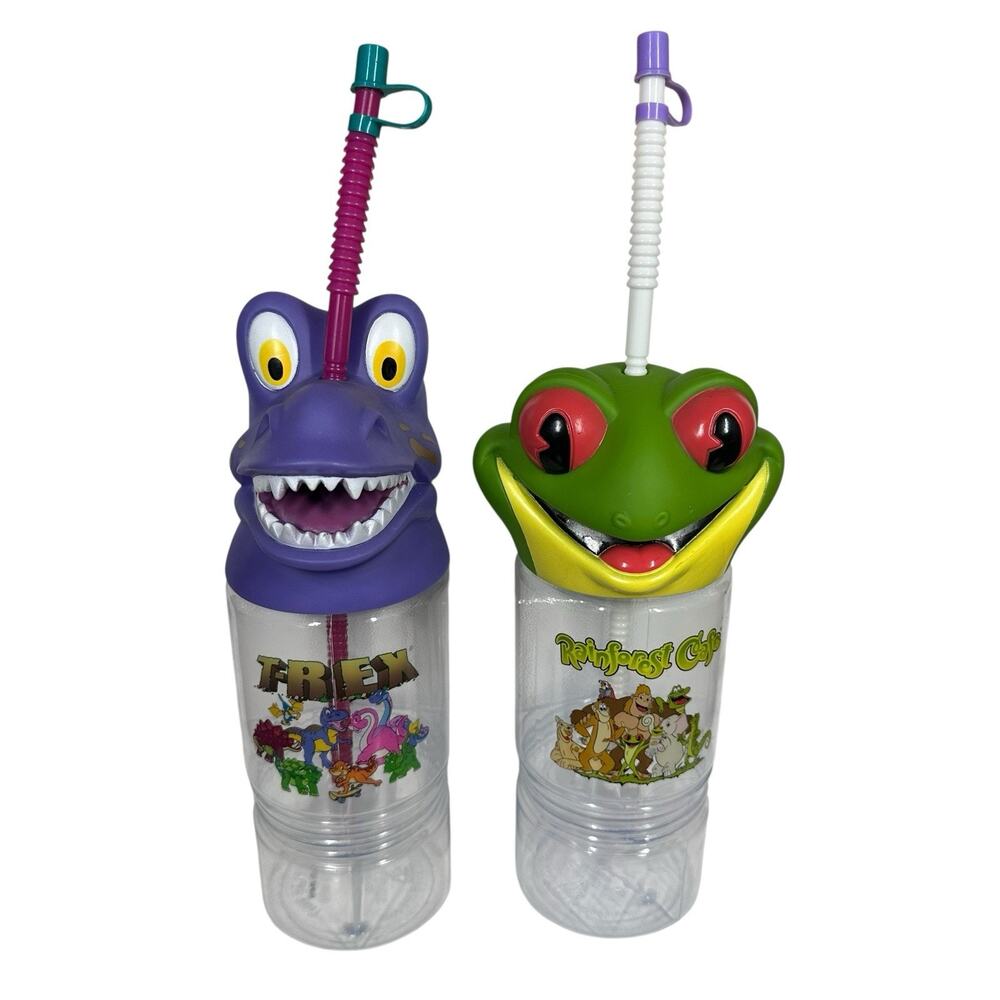 Rainforest Cafe Set of 2 Animal Travel Snack Cups Tumblers‎ w/Straws T-Rex Frog